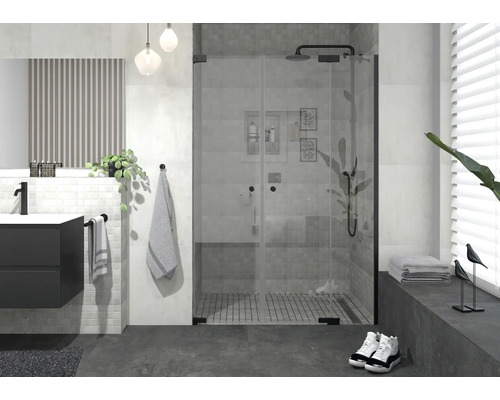 Modernes Badezimmer mit Duschkabine, Waschtisch und Spiegel