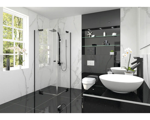 Salle de bains moderne avec douche, lavabo et WC dans un style noir et blanc