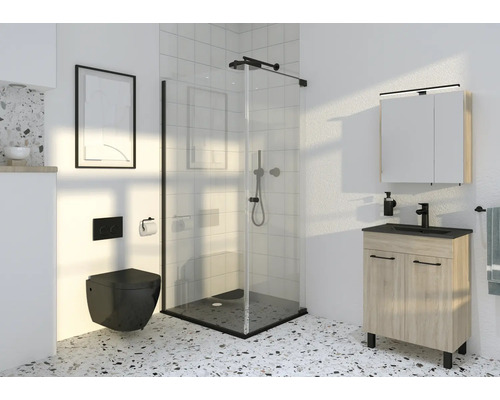 Modernes Badezimmer mit Duschkabine, Waschbeckenunterschrank, Spiegelschrank und Hänge-WC