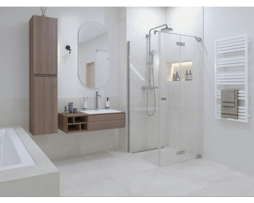 Helles Badezimmer mit Dusche, Waschtisch und Handtuchwärmer