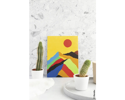 Motif de montagne peint sur toile avec cactus en pot