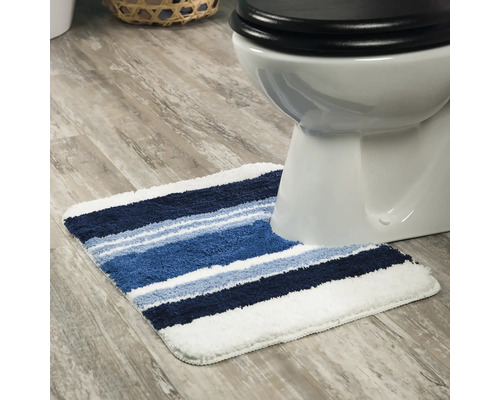 Tapis de bain rayé devant les toilettes