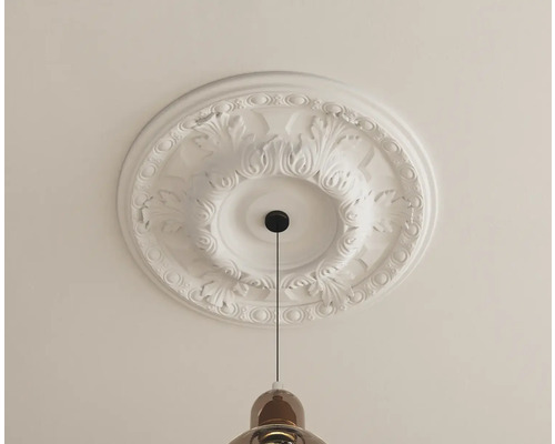 Rosace de plafond en stuc avec motif floral sous une suspension