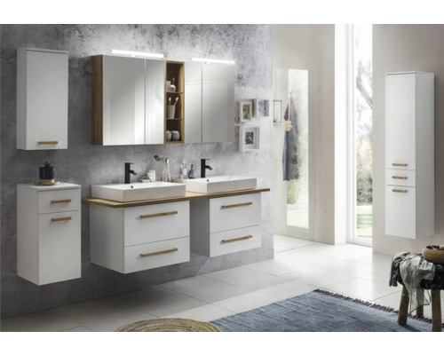Salle de bains avec double vasque, armoire de toilette à miroir et armoires hautes au design clair.