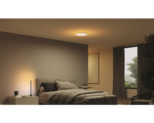 Schlafzimmer mit Bett und runder Deckenleuchte