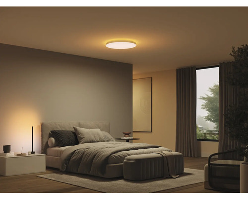 Schlafzimmer mit Deckenleuchte, Bett und Fenster