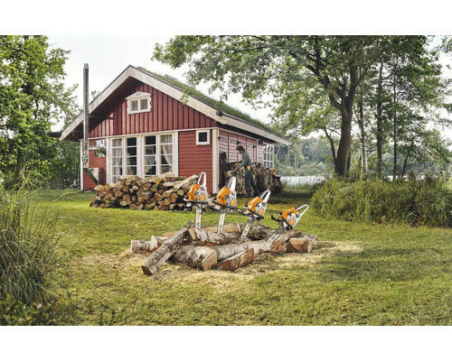 Szene mit vier Motorsägen, einem Holzstapel und einem Holzhaus im Freien