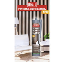 Cartouche de colle pour panneaux acoustiques Lugato devant des panneaux acoustiques