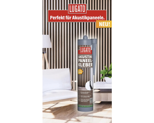Cartouche de colle pour panneaux acoustiques Lugato devant des panneaux acoustiques
