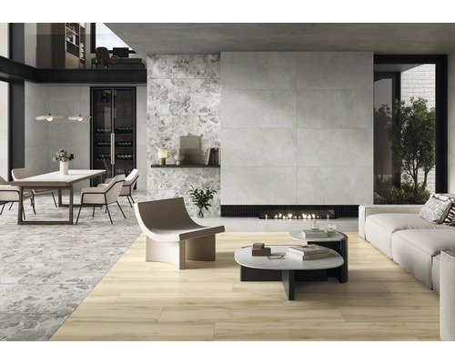 Salon moderne avec carrelage, table à manger et cheminée