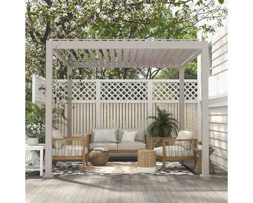 Scène d''extérieur avec pergola, sièges et éléments décoratifs