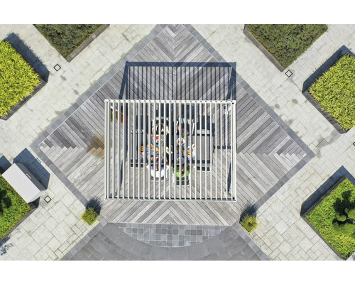Vue de dessus d''une scène de jardin avec terrasse, pergola et plantations