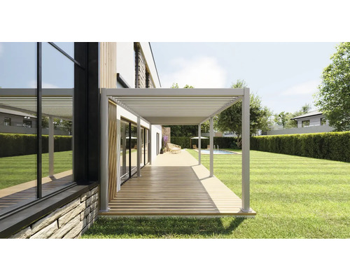 Terrasse avec pergola, terrasse en bois et pelouse