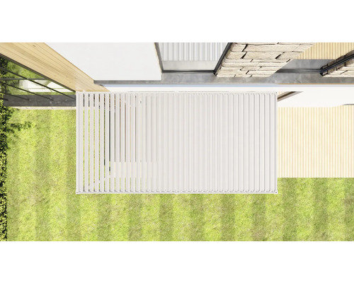 Vue de dessus d''un abri de terrasse sur une pelouse.