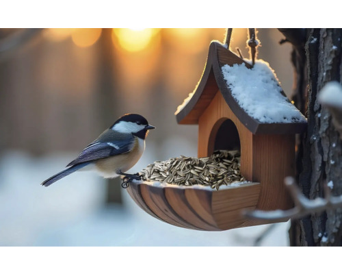 Oiseau à une mangeoire remplie de graines de tournesol en hiver