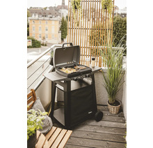 Barbecue à gaz sur un balcon avec des grillades et des plantes