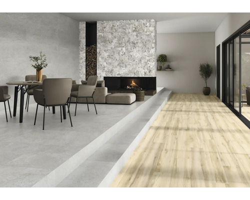 Espace de vie lumineux avec coin repas, cheminée et parquet