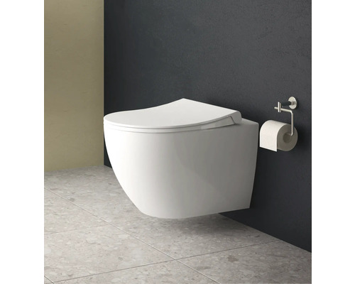 WC suspendu avec porte-papier toilette dans la salle de bain.