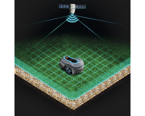 Rasenmähroboter mit Satellitenverbindung auf Rasenfläche