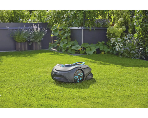 Robot tondeuse à gazon sur une pelouse dans le jardin