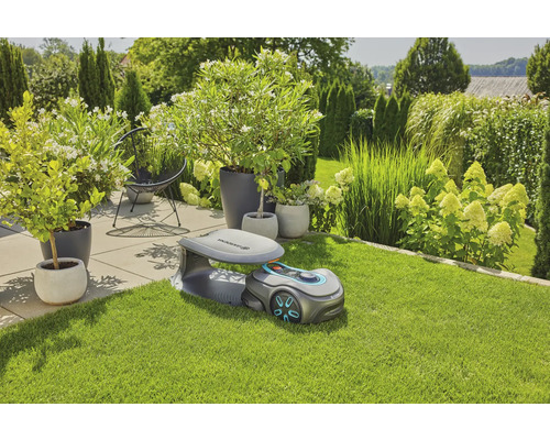 Scène avec robot tondeuse Gardena sur une pelouse, avec des plantes et des arbustes en arrière-plan.