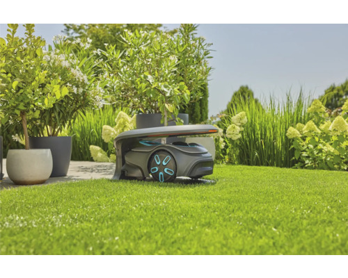 Robot tondeuse avec station de charge dans le jardin