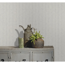 Dekorative Metallelemente und eine Zimmerpflanze auf einem Metallschrank vor einer gestreiften Wand