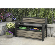 Banc de jardin avec espace de rangement pour outils et accessoires de jardin.