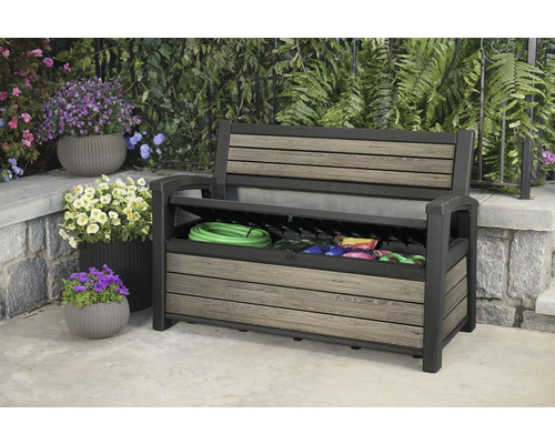 Banc de jardin avec espace de rangement pour outils et accessoires de jardin.