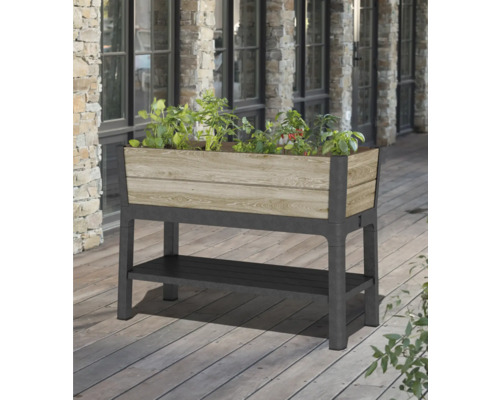 Jardinière sur pieds en bois et plastique avec rangement pour l''extérieur