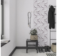 Entrée avec porte-manteau, plante, tabouret, chaussures et revêtement mural décoratif.