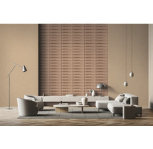 Salon avec canapé, fauteuils, table basse, lampadaire, suspensions et panneaux muraux pour un intérieur moderne