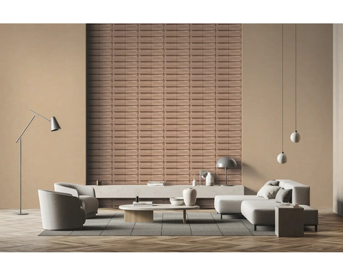 Salon avec canapé, fauteuils, table basse, lampadaire, suspensions et panneaux muraux pour un intérieur moderne