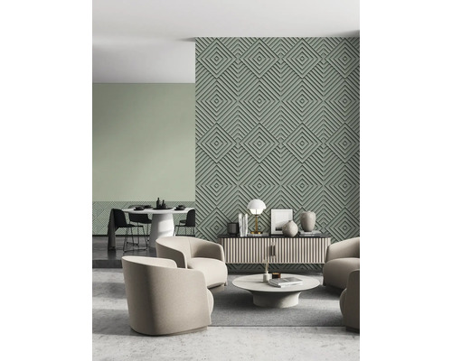 Salon avec panneaux muraux tridimensionnels à motif géométrique