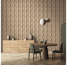 Séjour avec panneaux muraux de conception ovale, buffet, table à manger et chaises.