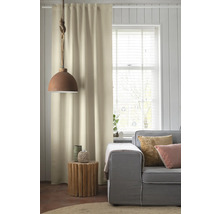 Salon avec rideau, stores vénitiens, lampe et canapé