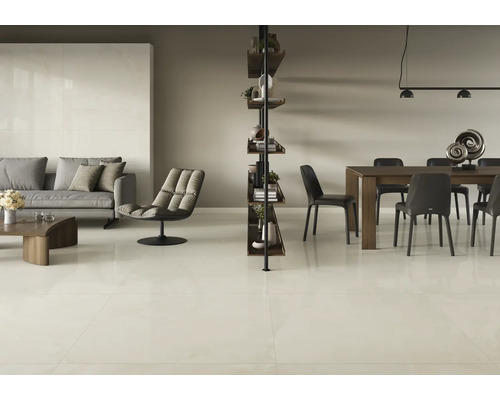Salon moderne avec canapé, fauteuil, étagère, table à manger et carrelage