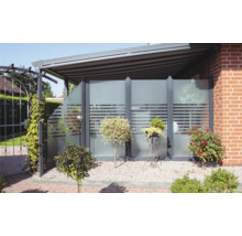 Überdachte Terrasse mit Sichtschutzwand und dekorativen Pflanzen