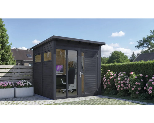 Abri de jardin Bertilo Pentus 2 Office avec plancher 247 x 266 cm anthracite Abri de jardin moderne avec fenêtres et porte en bois, aménagé en bureau