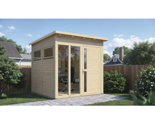 Abri de jardin Bertilo Pentus 2 Office avec plancher 247 x 266 cm naturel Abri de jardin en bois avec fenêtres et porte dans le jardin