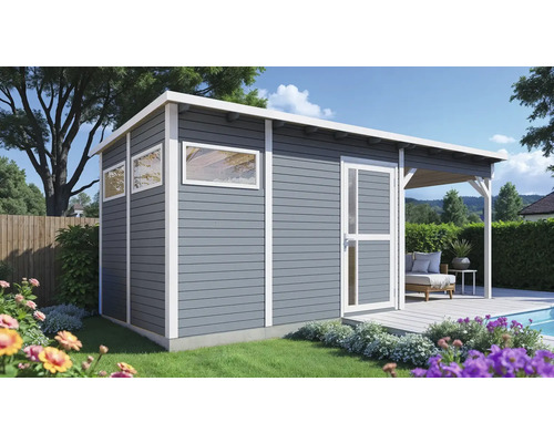 Abri de jardin Bertilo Pentus 3L avec plancher, toit en appentis 582 x 266 cm gris clair Abri de jardin Bertilo Pentus 3L avec plancher, toit en appentis 582 x 266 cm gris clair