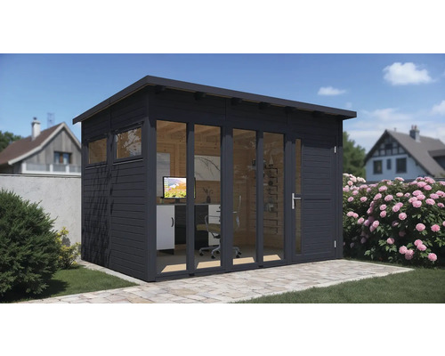 Gartenhaus Bertilo Pentus 3 Office inkl. Fussboden 359 x 266 cm anthrazit Modernes Gartenhaus mit Fenstern und Büroeinrichtung