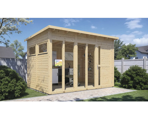 Abri de jardin Bertilo Pentus 3 Office avec plancher 359 x 266 cm naturel Maison de jardin en bois avec fenêtres et mobilier de bureau