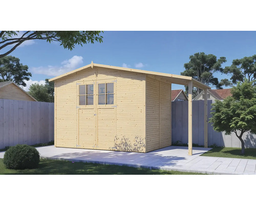 Abri de jardin en bois avec auvent dans le jardin