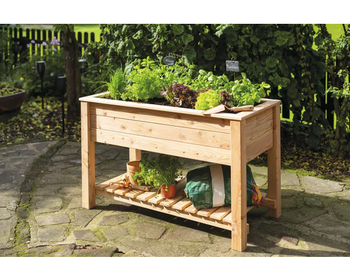 Jardinière en bois avec herbes et légumes dans le jardin.