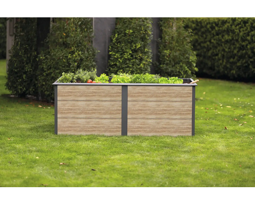 Jardinière surélevée en bois et métal sur une pelouse avec des légumes plantés.