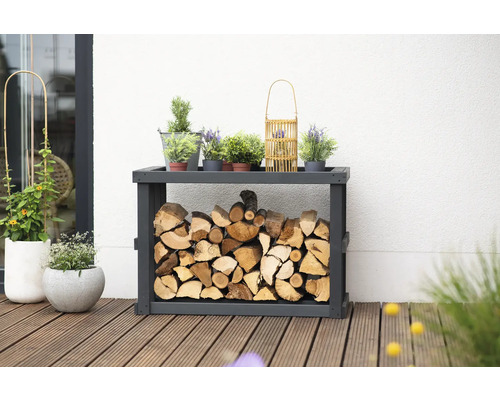 Étagère pour bois de cheminée WESTMANN Stephan 108 x 52 x 74 cm anthracite Étagère de rangement pour bois de chauffage avec bois de chauffage et plantes sur une terrasse