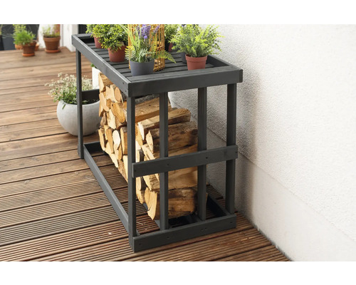 Étagère à bois de chauffage en bois avec bois de chauffage et plantes