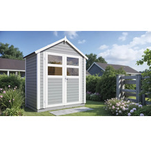Abri de jardin en bois avec double porte et fenêtres dans le jardin