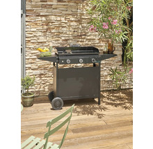 Chariot de barbecue avec étagères et trois commandes devant un mur de pierre